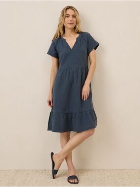 Pact French Blue Organic Cotton Coastal Double Gauze Breezy Dress Beachy Summer